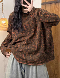 Women Retro Floral Long Sleeve Cotton Shirt