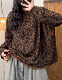 Women Retro Floral Long Sleeve Cotton Shirt