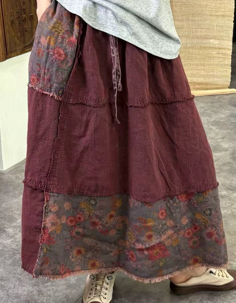 Boho Patchwork Layered Maxi Skirt – Vintage Floral Linen Blend A-Line Skirt for Women