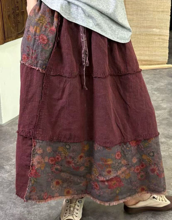 Boho Patchwork Layered Maxi Skirt – Vintage Floral Linen Blend A-Line Skirt for Women