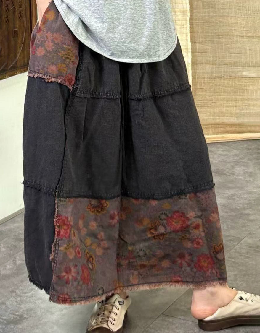 Vintage Bohemian Layered Skirt Women – Floral Patchwork Elastic Waist Maxi Skirt
