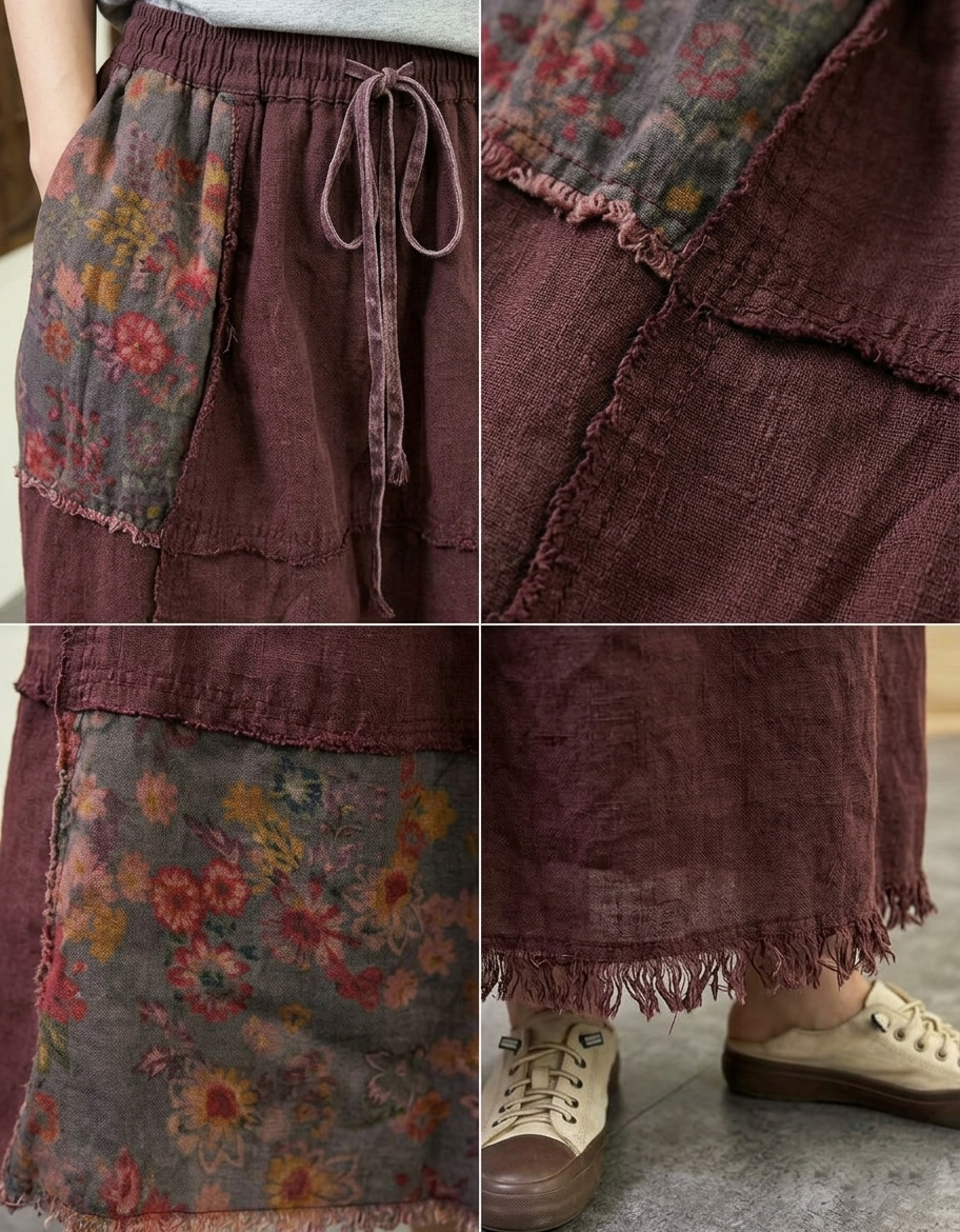 Casual boho long skirt with elastic waistband and layered hem