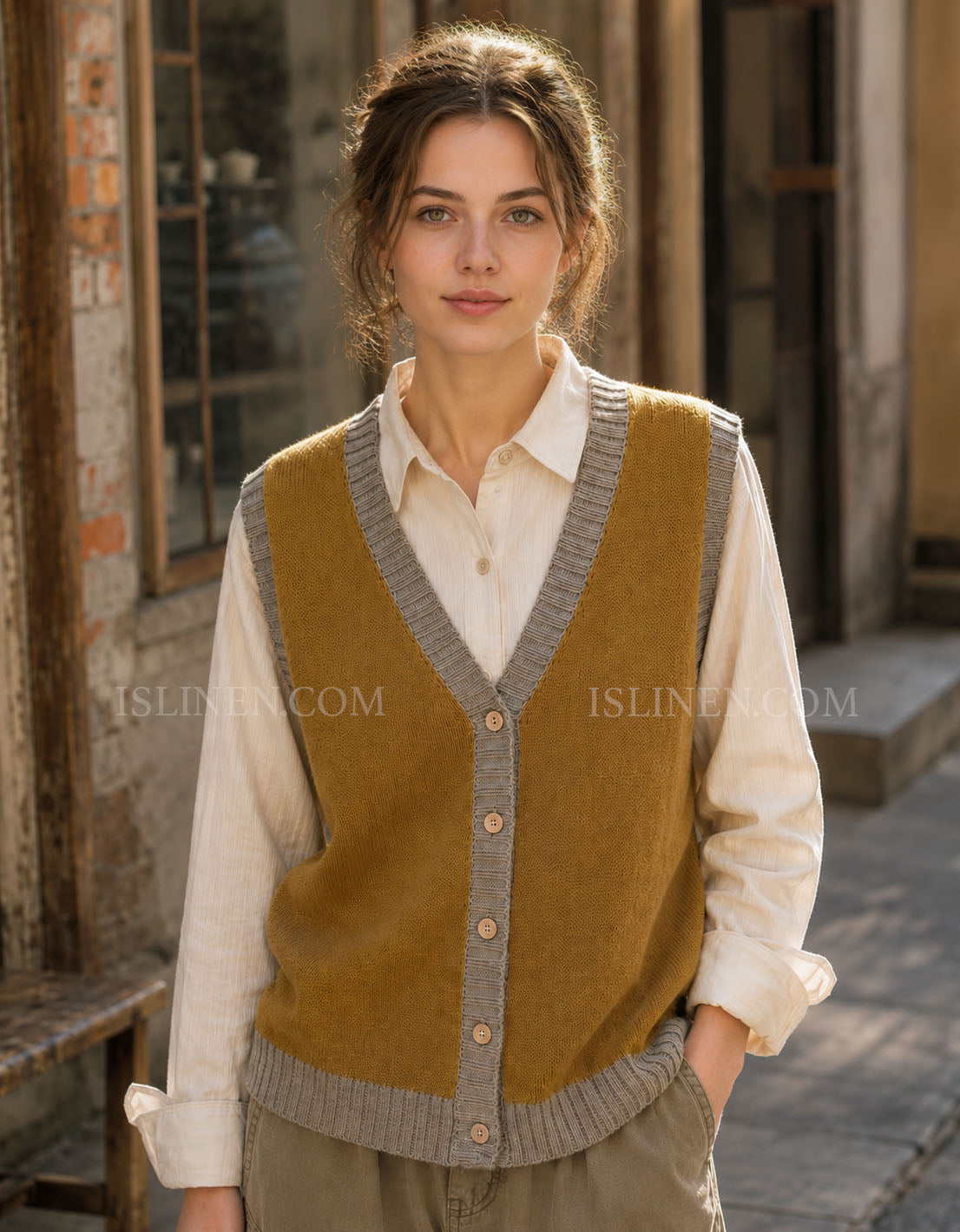 Women’s V-Neck Knit Sweater Vest – Vintage Button Front Layering Top