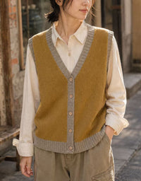 Women’s Button Front Knit Vest – Vintage V-Neck Casual Layering Sweater