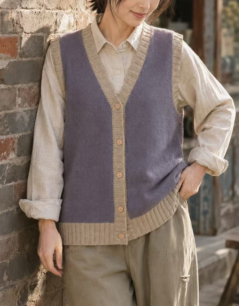 Vintage Women’s Knit Vest – V-Neck Button Front Casual Sweater Top