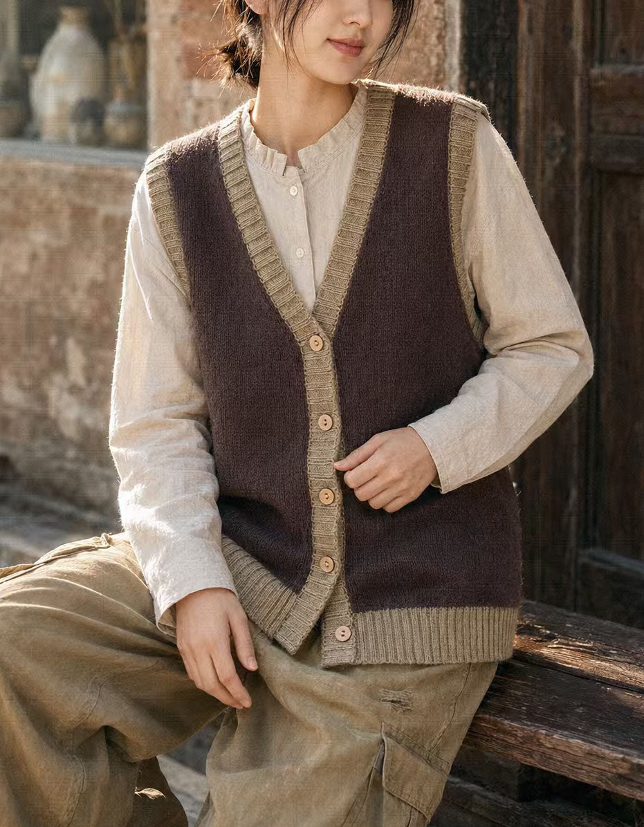 Women’s Casual V-Neck Sweater Vest – Button Front Vintage Knit Top
