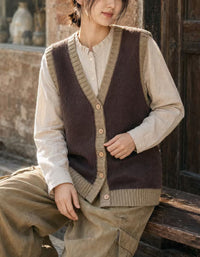 Women’s Casual V-Neck Sweater Vest – Button Front Vintage Knit Top