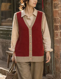 Women’s Vintage Knit Sweater Vest – Mustard V-Neck Button Front Top