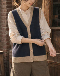 Vintage V-Neck Sweater Vest for Women – Button Front Knit Layering Top