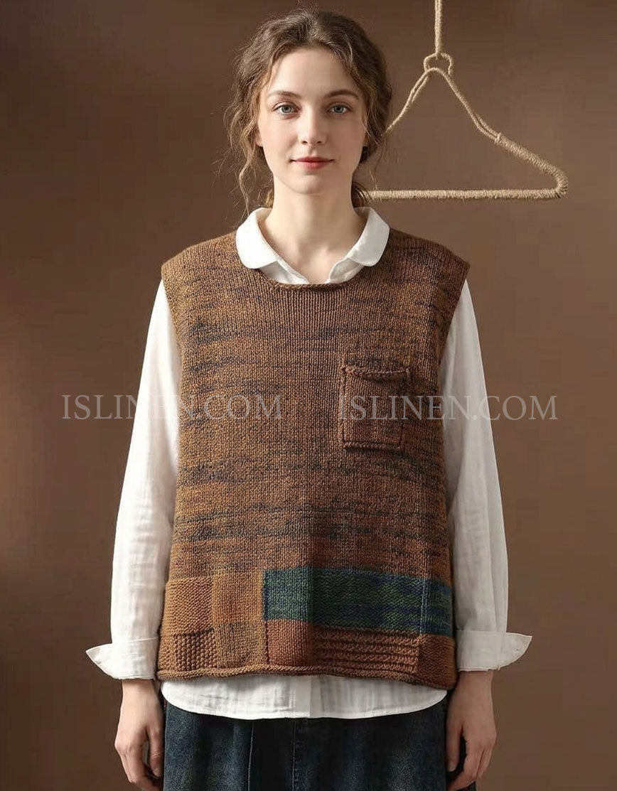 Women Vintage Color Block Knit Sweater Vest with Pockets