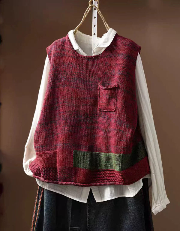 Women Retro Color Block Knit Vest with Front Pockets