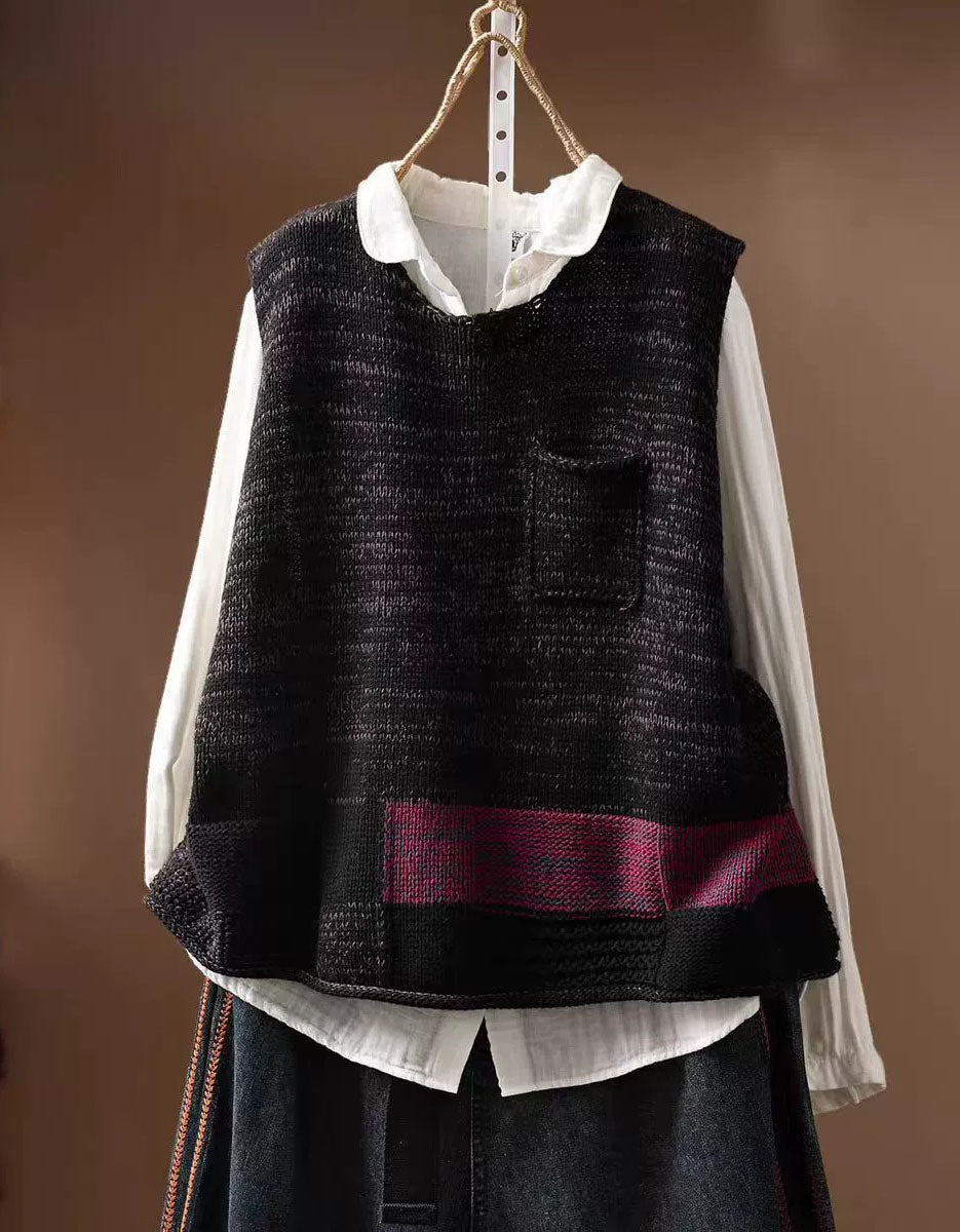 Women Vintage Knit Sweater Vest with Patch Pockets