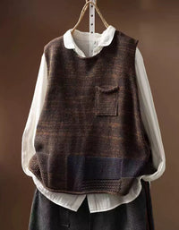 Women Retro Sleeveless Knit Vest with Color Block Detail