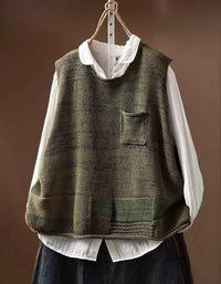 Women Loose Fit Color Block Knit Sweater Vest with Pocket