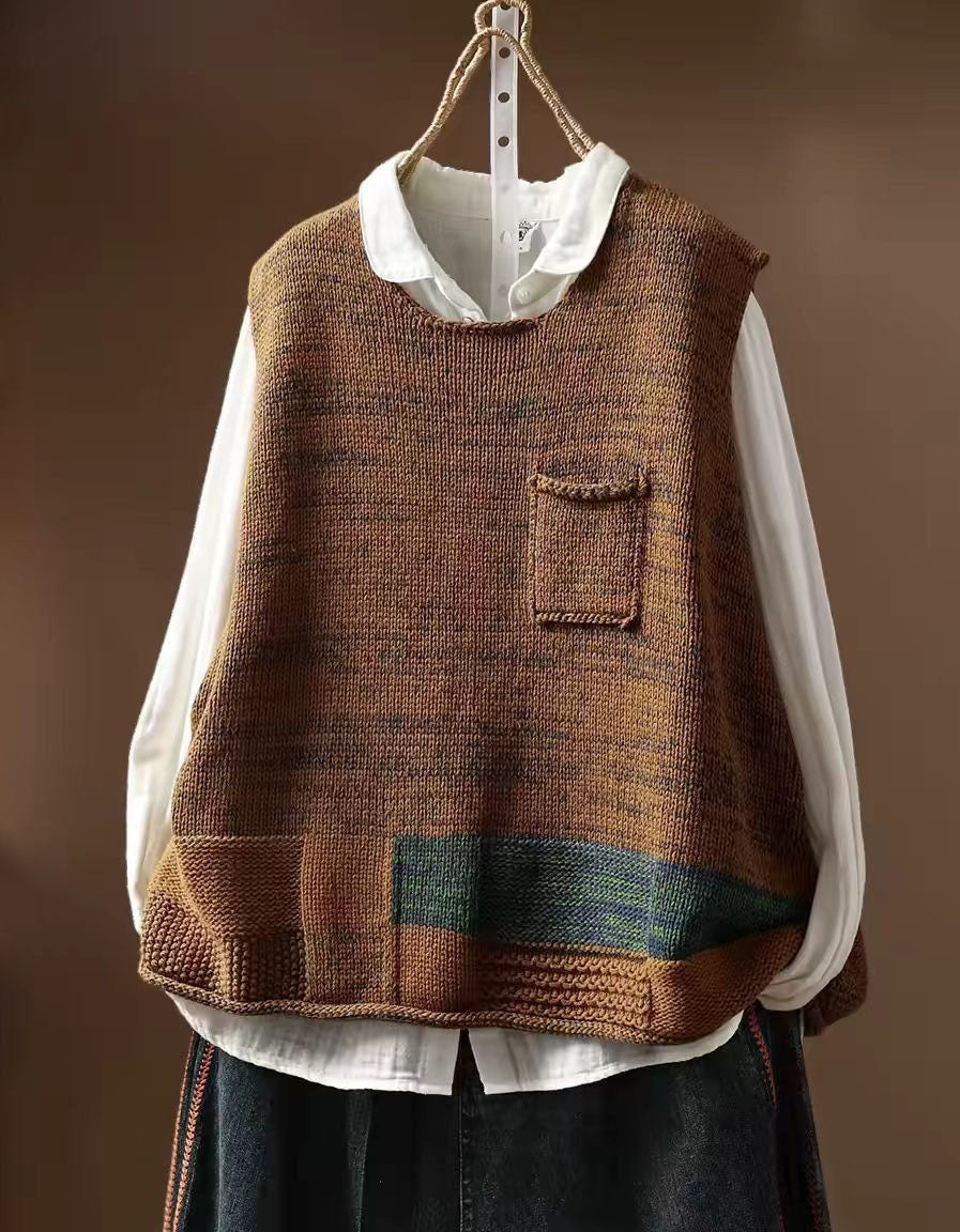Women Vintage Color Block Knit Sweater Vest with Pockets