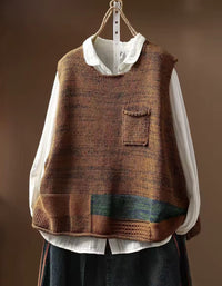 Women Vintage Color Block Knit Sweater Vest with Pockets