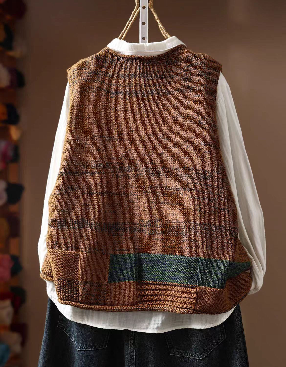 women's vintage color block knit sweater vest with pockets
