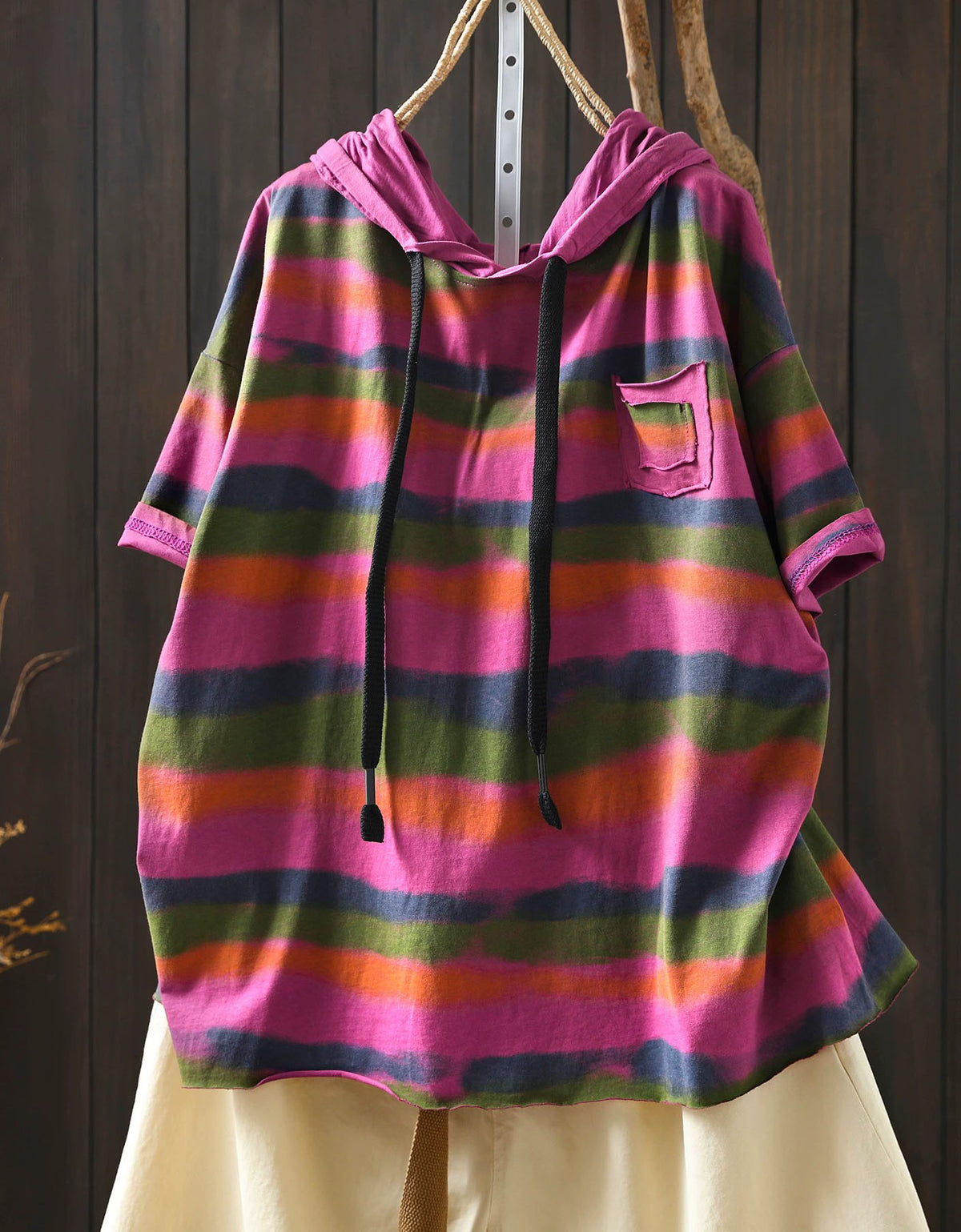 Vintage Striped Hoodie Top Women Relaxed Fit Shirt