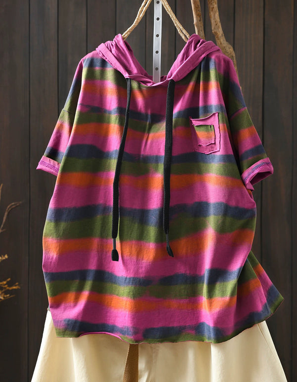 Vintage Striped Hoodie Top Women Relaxed Fit Shirt