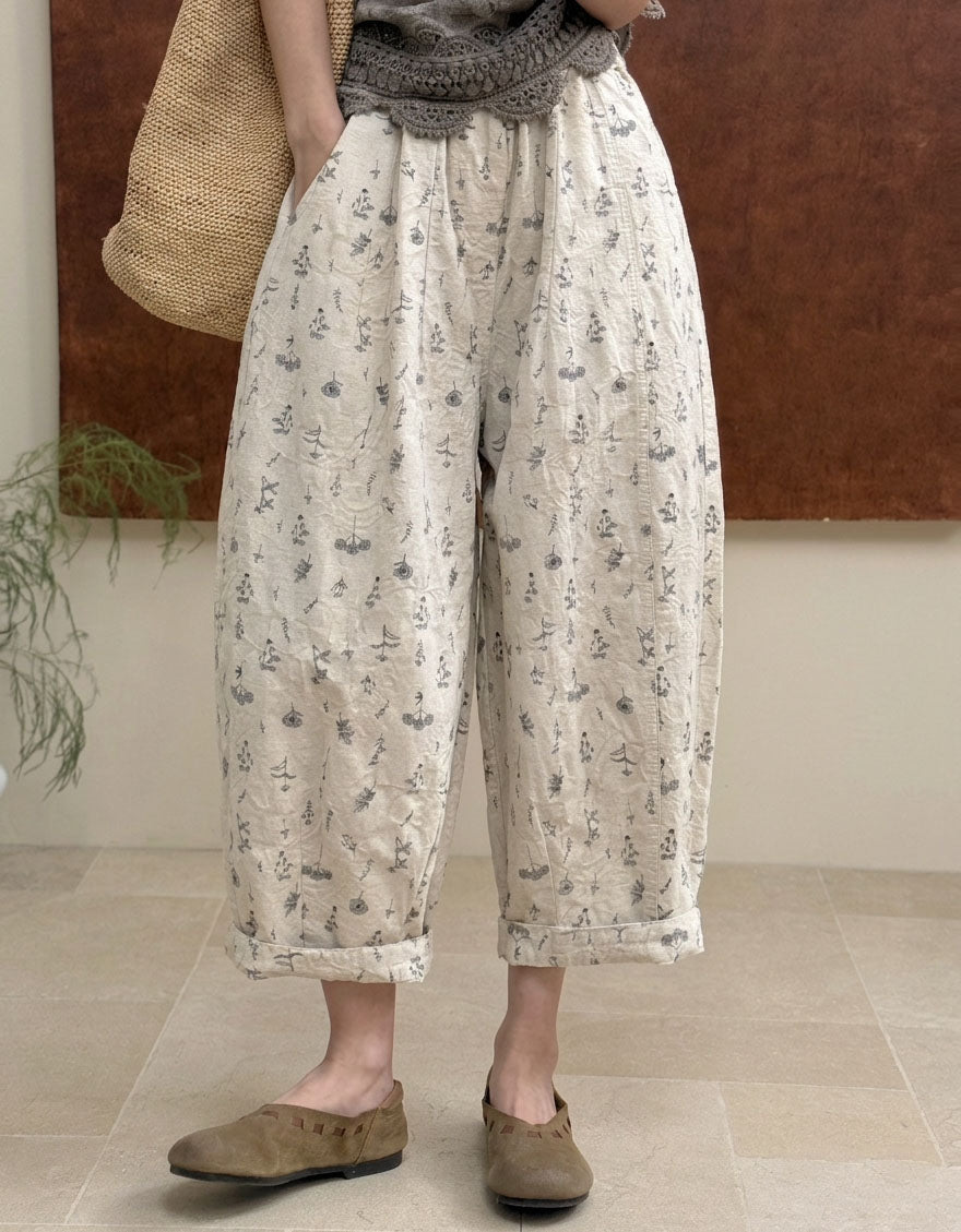Women’s Boho Floral Linen Pants – Loose Fit Cropped Harem Trousers with Elastic Waist