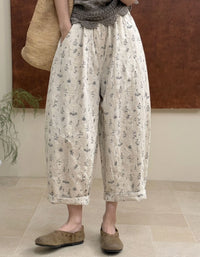 Women’s Boho Floral Linen Pants – Loose Fit Cropped Harem Trousers with Elastic Waist