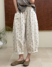 Vintage Print Cotton Linen Harem Pants for Women – Relaxed Wide Leg Ankle Trousers