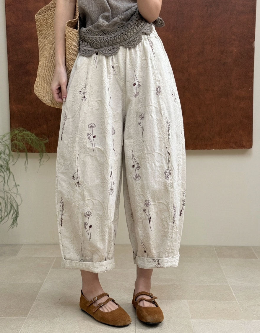 Retro Japanese Style Linen Pants for Women – Oversized Cropped Balloon Trousers