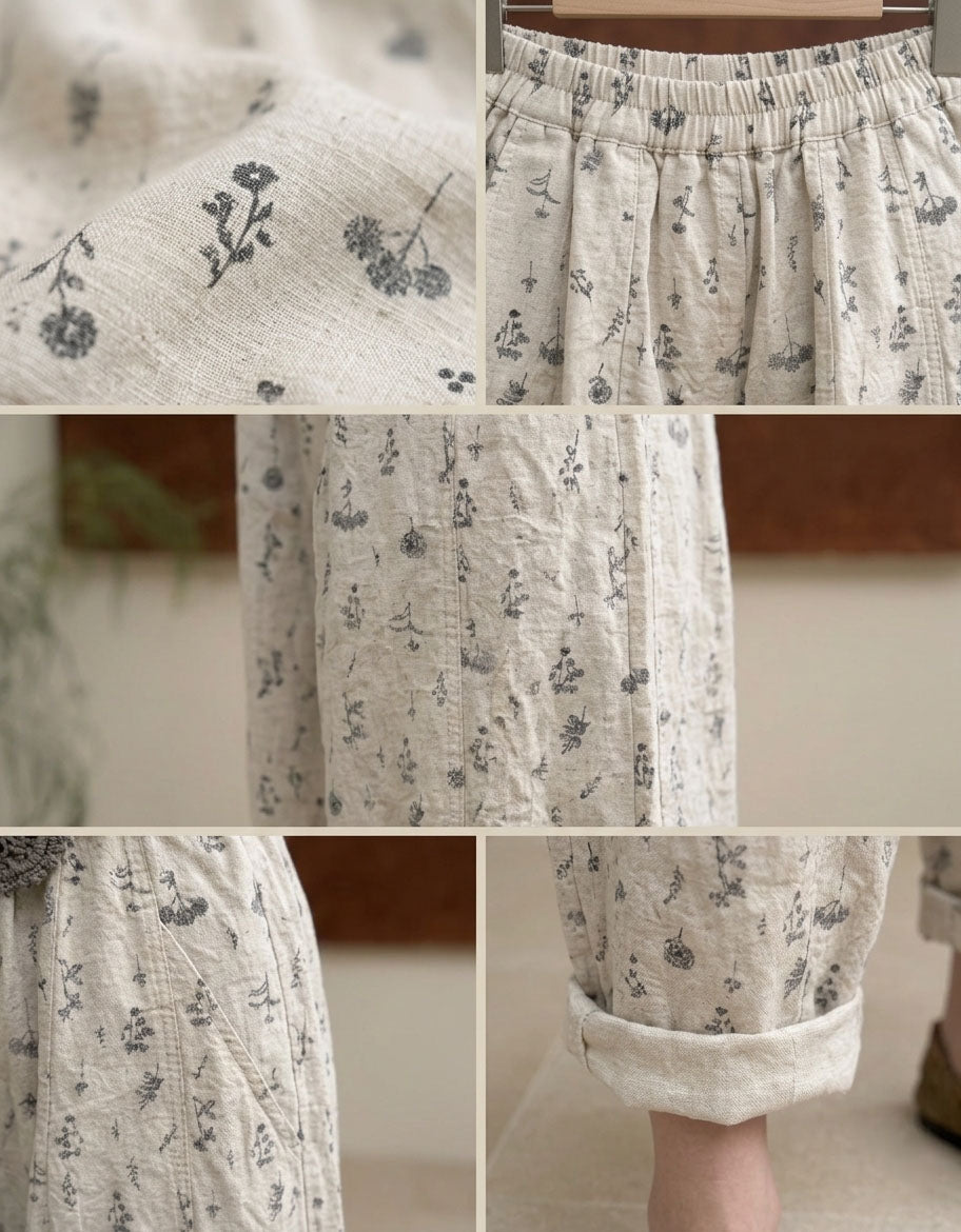 Cottagecore Floral Linen Pants for Women – Relaxed Elastic Waist Casual Trousers