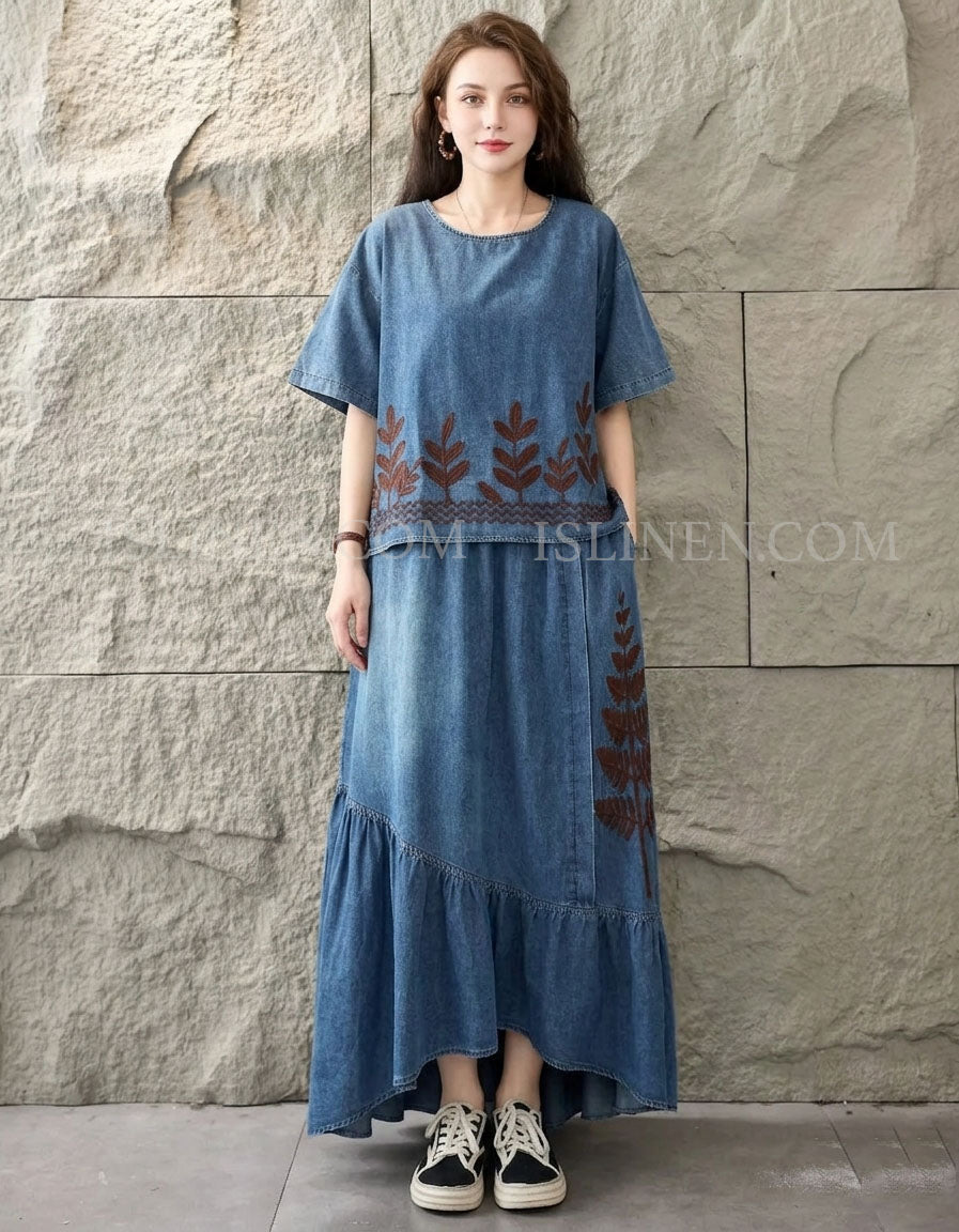 Women’s Embroidered Denim Top and Maxi Skirt Set