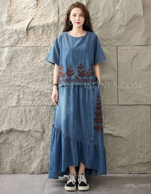 Women’s Embroidered Denim Top and Maxi Skirt Set