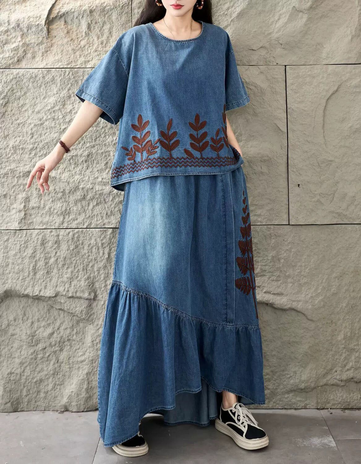 Boho Embroidered Denim Co Ord Set for Women Wear
