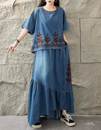 Boho Embroidered Denim Co Ord Set for Women Wear