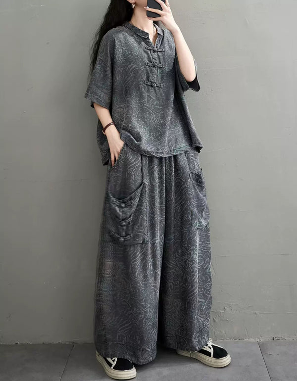 Casual Floral Denim Co-Ord Set with Wide Leg Pants