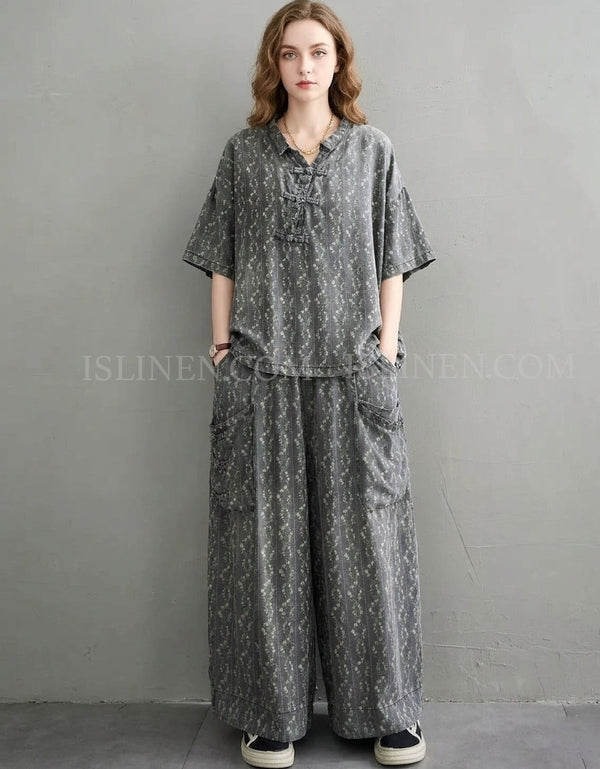 Women Vintage Floral Denim Two Piece Wide Leg Set