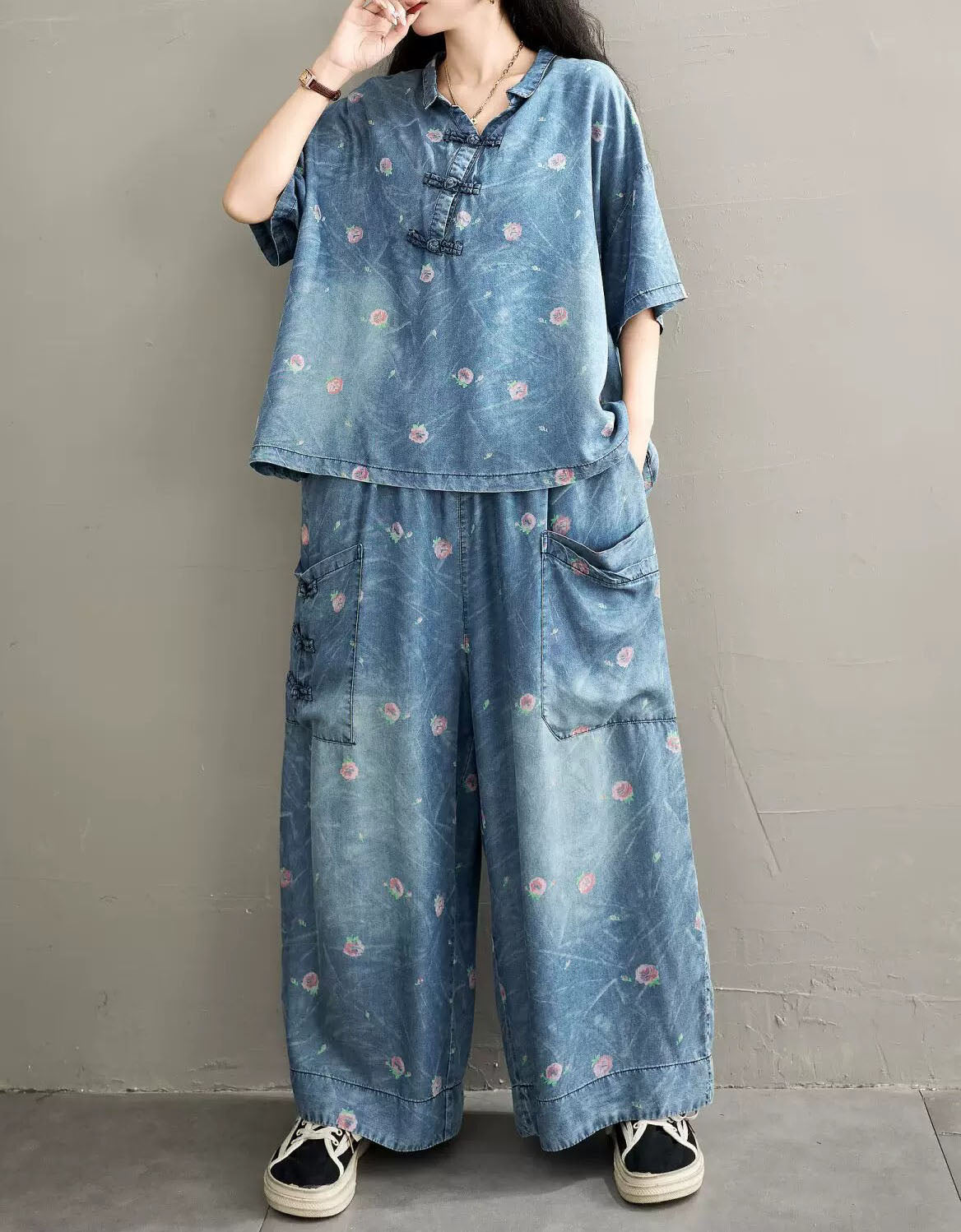 Women Summer Vintage Floral Denim Two Piece Wide Leg Set