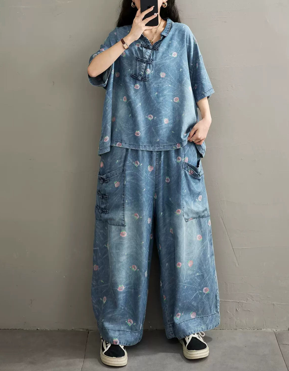Women Oversized Floral Denim Top and Pants Set