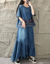 Women Retro Loose Floral Embroidered Denim Maxi Skirt Set