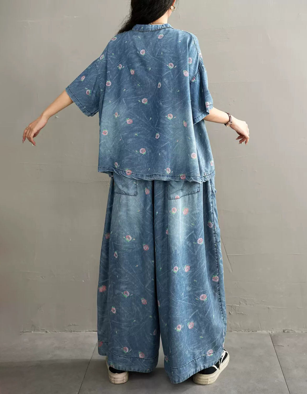 Oversized floral denim top with matching wide leg pants