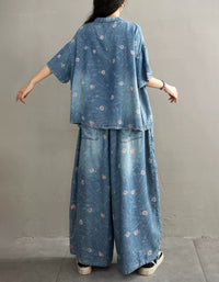 Oversized floral denim top with matching wide leg pants