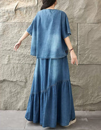 Embroidered Denim Maxi Skirt Outfit for Women