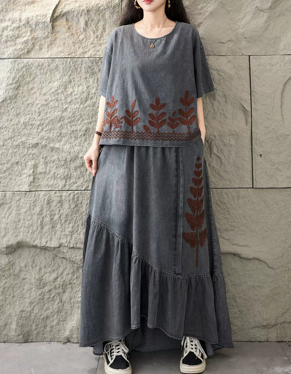 Vintage Denim Two Piece Skirt Set for Women Style