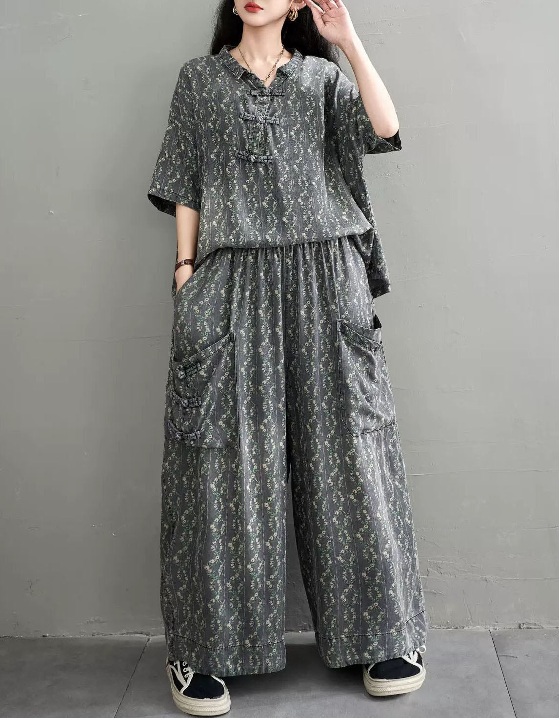 Women Casual Denim Floral Lounge Set with Pockets