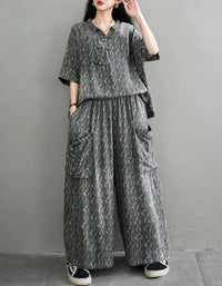 Women Casual Denim Floral Lounge Set with Pockets