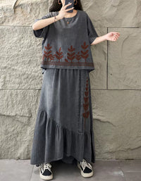 Vintage Style Denim Top and Long Skirt Set Women