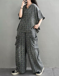 Women Vintage Denim Floral Top and Wide Leg Pants