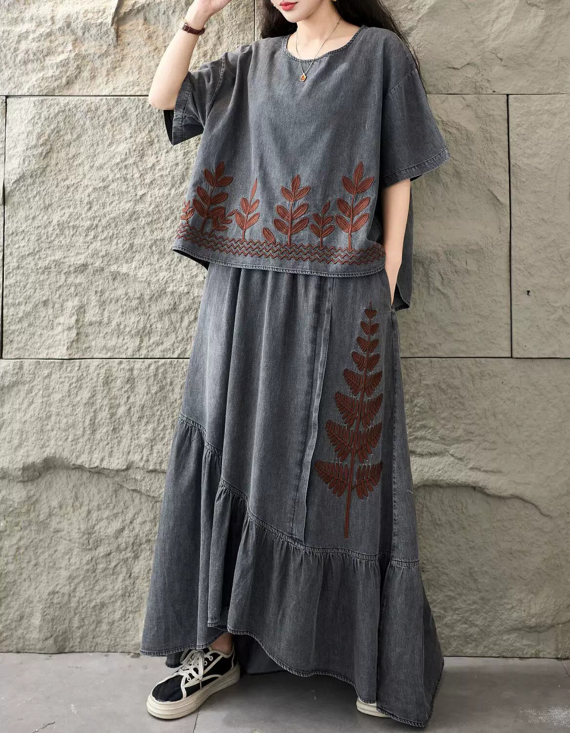 Casual Denim Maxi Skirt Set with Embroidered Top