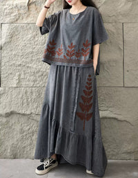 Casual Denim Maxi Skirt Set with Embroidered Top