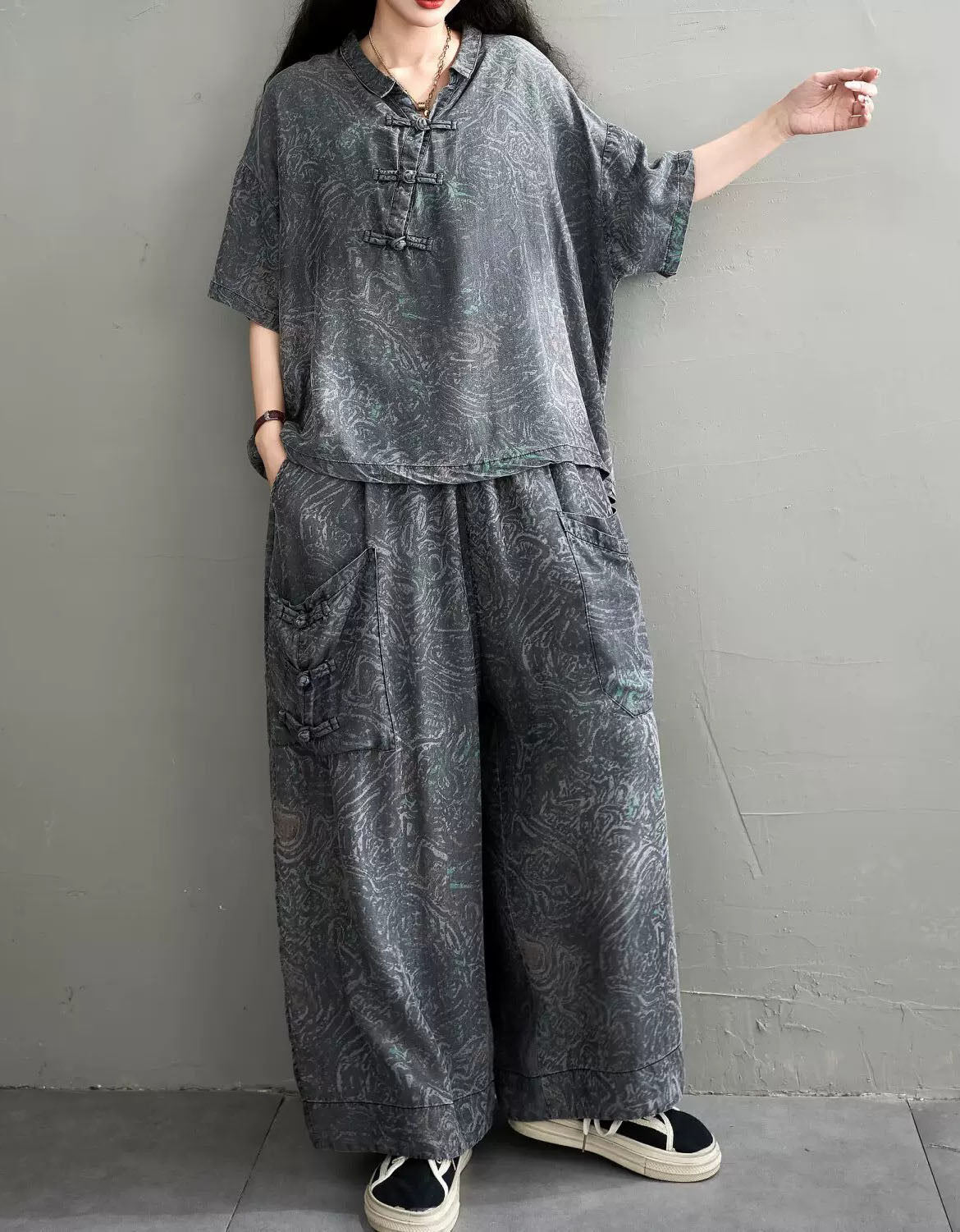 Women Loose Fit Floral Denim Matching Pants Set