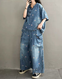 Retro Floral Print Denim Wide Leg Women Co-Ord