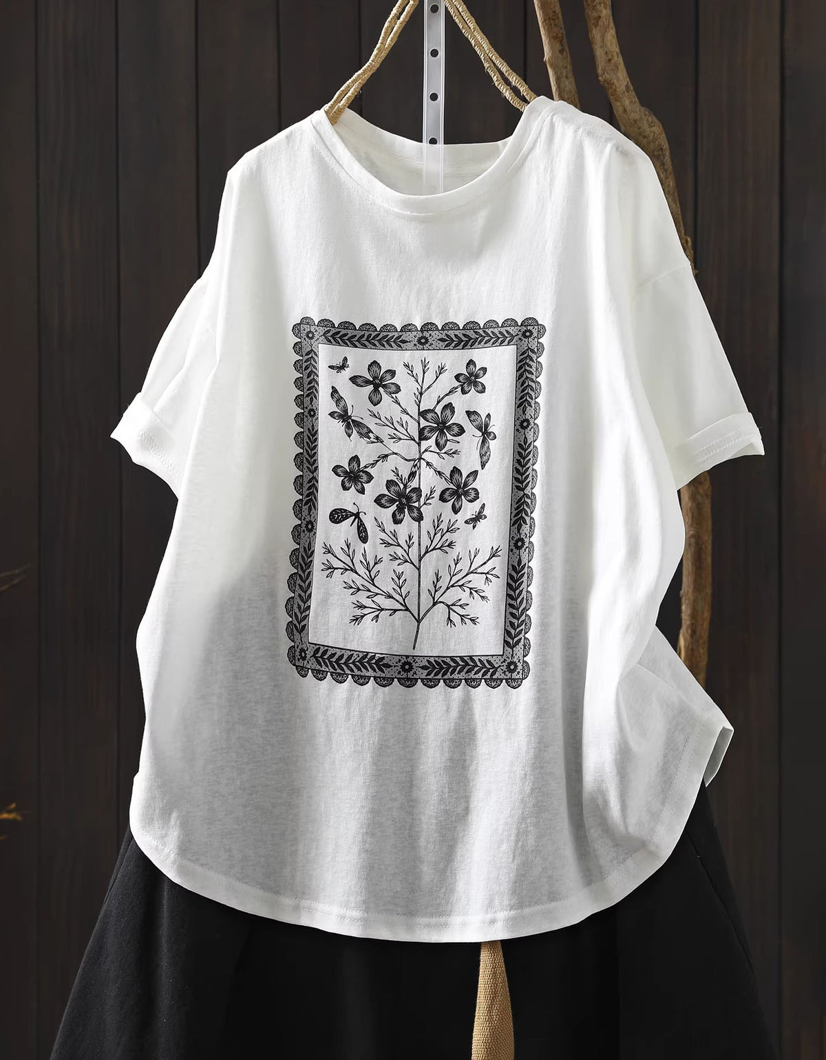 Retro Botanical Cotton Oversized Summer Tee